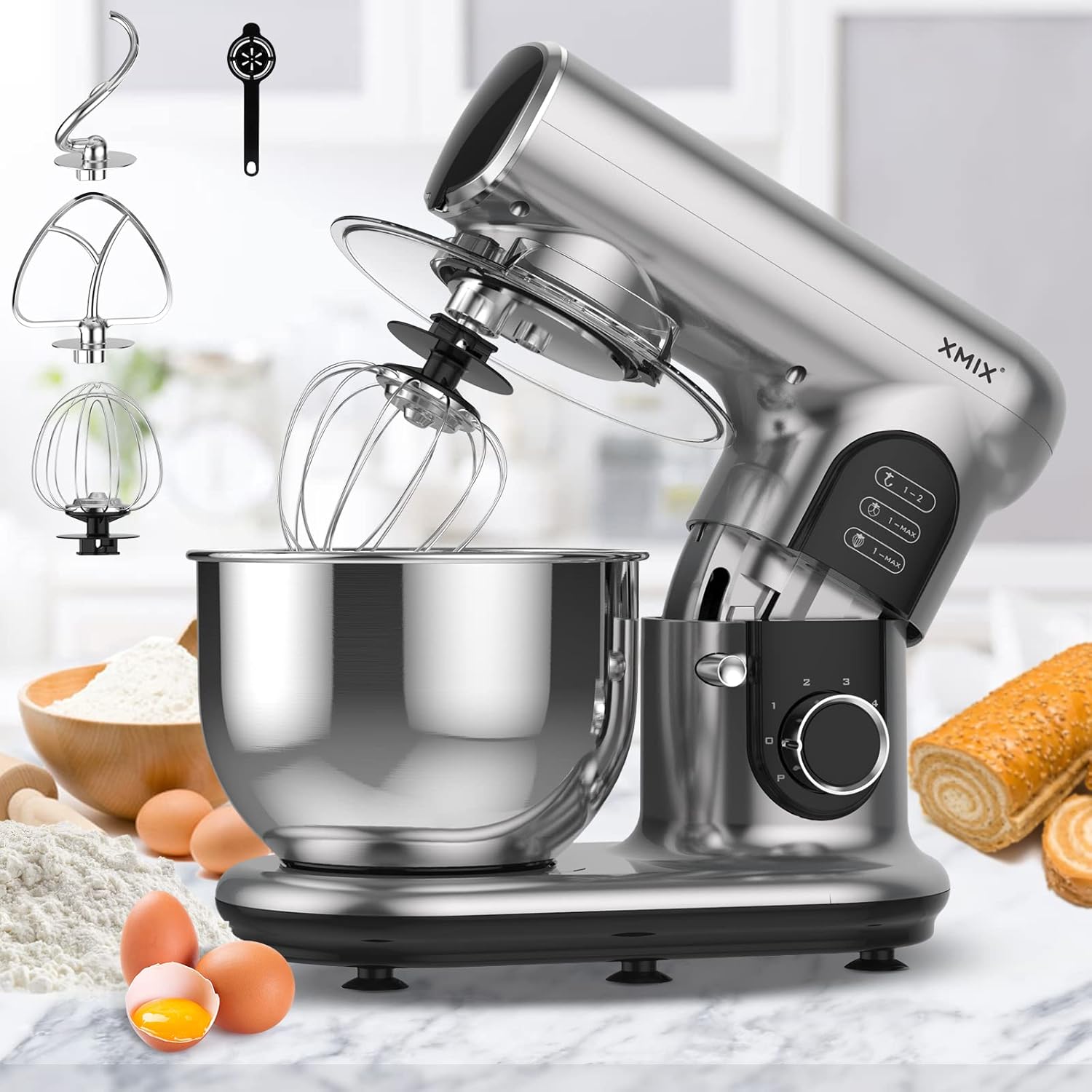 XMIX Stand Mixer, 6-Speed Electric Mixer 500W Tilt-Head 5-Qt Cake Mixer Stainless Steel Bowl, Household Kitchen Dough Mixer with Whisk Beaters Dough Hooks & Egg Separate Silver Grey