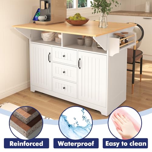 Rolling Kitchen Island with 2 Drop Leaf and Power Outlet, Island Table on Wheels with Towel Rack and Spice Rack, Kitchen Cart with Storage Cabinet and Drawers (White)