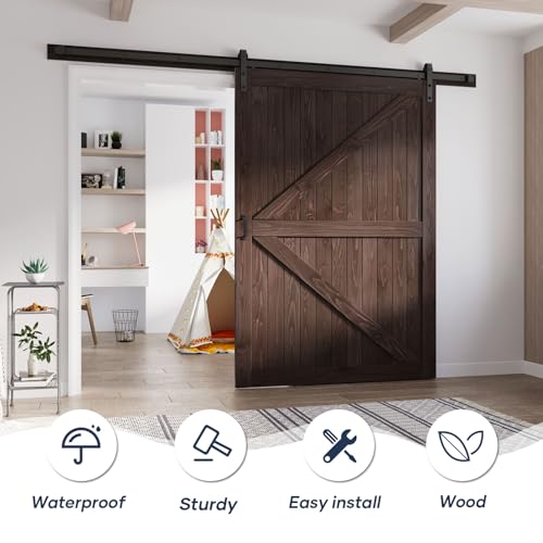 FREDBECK 36in x 84in Brown Barn Door with 6.6ft (79inch) Barn Door Hardware Track Kit and Handle Included, Double Surfaces,Simple Assembly is Required,K-Frame,Coffee
