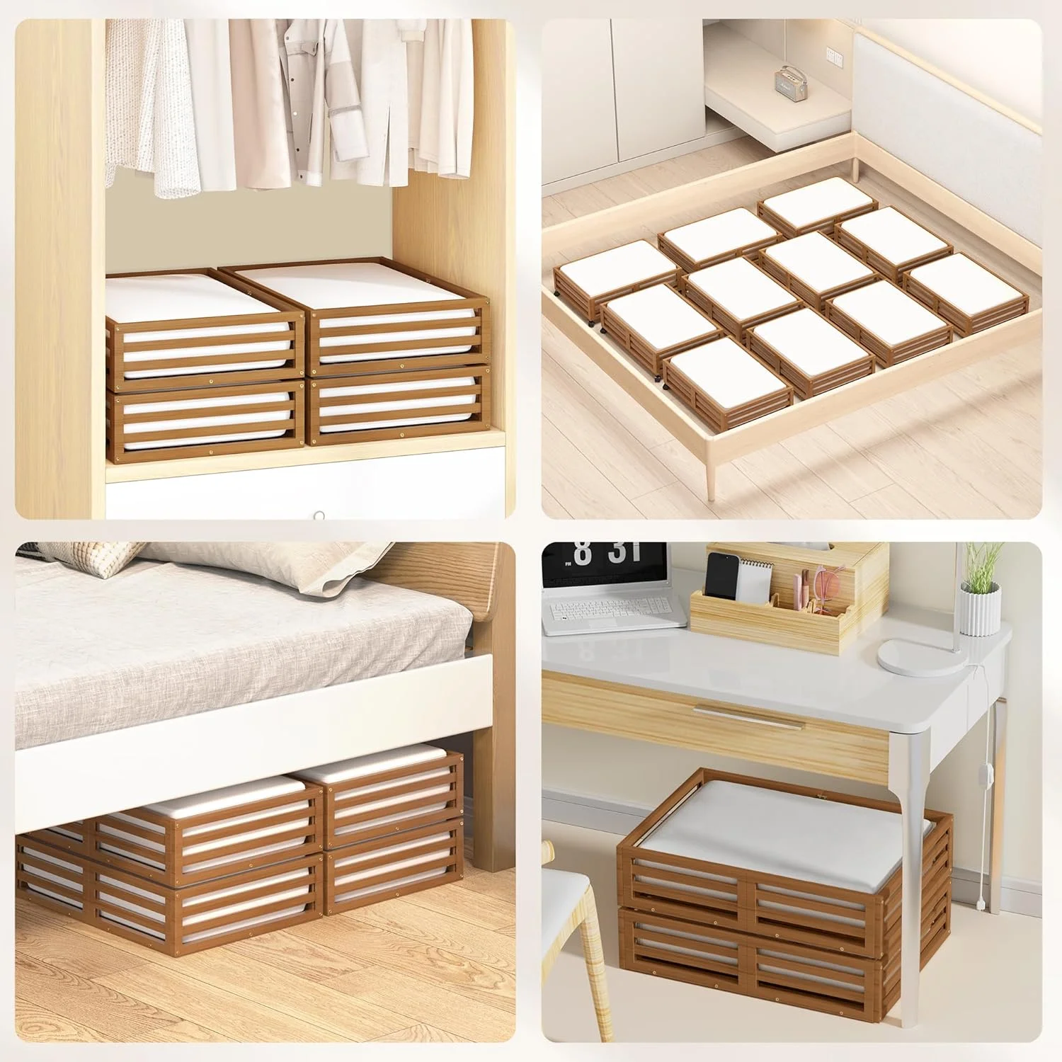 Bamboo Under Bed Storage Containers- Underbed Organizer with Wheels with Large Capacity Dust Bag,Sturdy Wood Rolling Under Bed Shoe Storage Organizer 2 Packs (Walnut, 2 Packs (33.07×16.54))