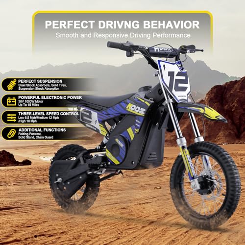 KOOZ HP112E 36V 1000W Electric Dirt Bike for Kids, 3 Speed Modes Teen Electric Motorcycle Up to 18 MPH & 15 Miles Long-Range, Dual Suspension & Disc Brake, 16" Sturdy Tire for Kids Teenagers, Blue