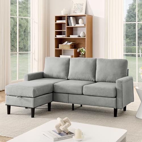 P PURLOVE Upholstered Sectional Sofa, 3 Seat Sofa with Storage Reversible Ottoman, Fabric L Shaped Couch for Living Room, Bedroom, Small Spaces, Apartment (Navy Blue)