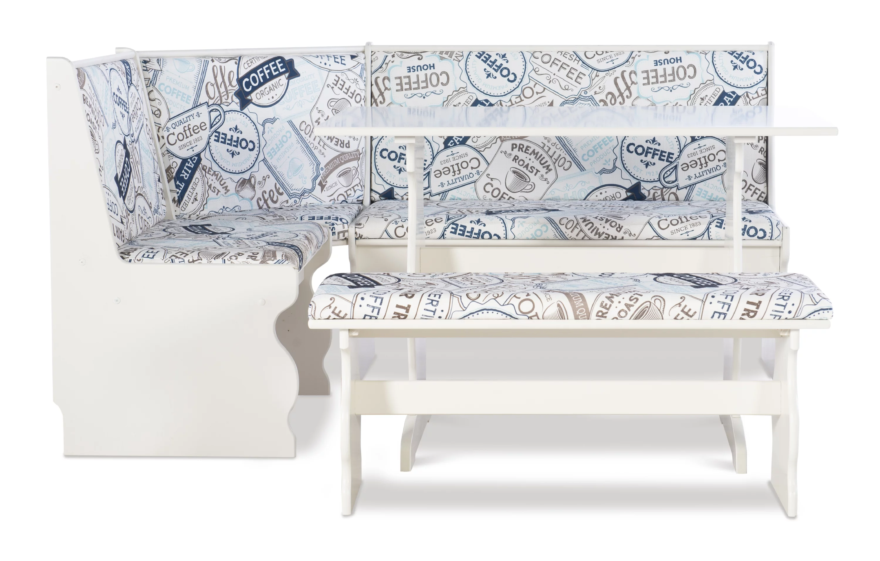 Linon Sasha Casual Dining Breakfast Nook with Corner Unit, Table, and Bench, 29.4" Table Height, Seats 5, White Finish with Coffee Patterned Fabric