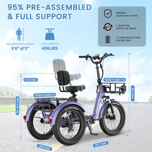 MOONCOOL Electric Trike, Electric Tricycle for Adults, 20" Folding 3 Wheels Electric Bicycle Bikes, 48V 500W/750W Motorized Electric Ebike with Aluminum Frame, Removable Battery and Basket