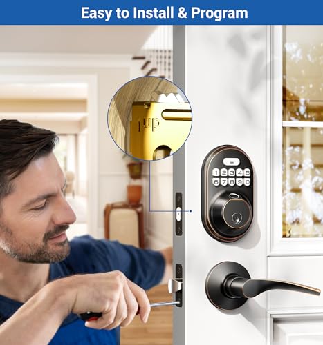 Veise Fingerprint Door Lock with 2 Lever Handles - Keyless Entry Door Lock, Keypad Door Lock with Handle, Electronic Deadbolt Front Door Lock Set, Auto Lock, Easy Installation, Oil Rubbed Bronze