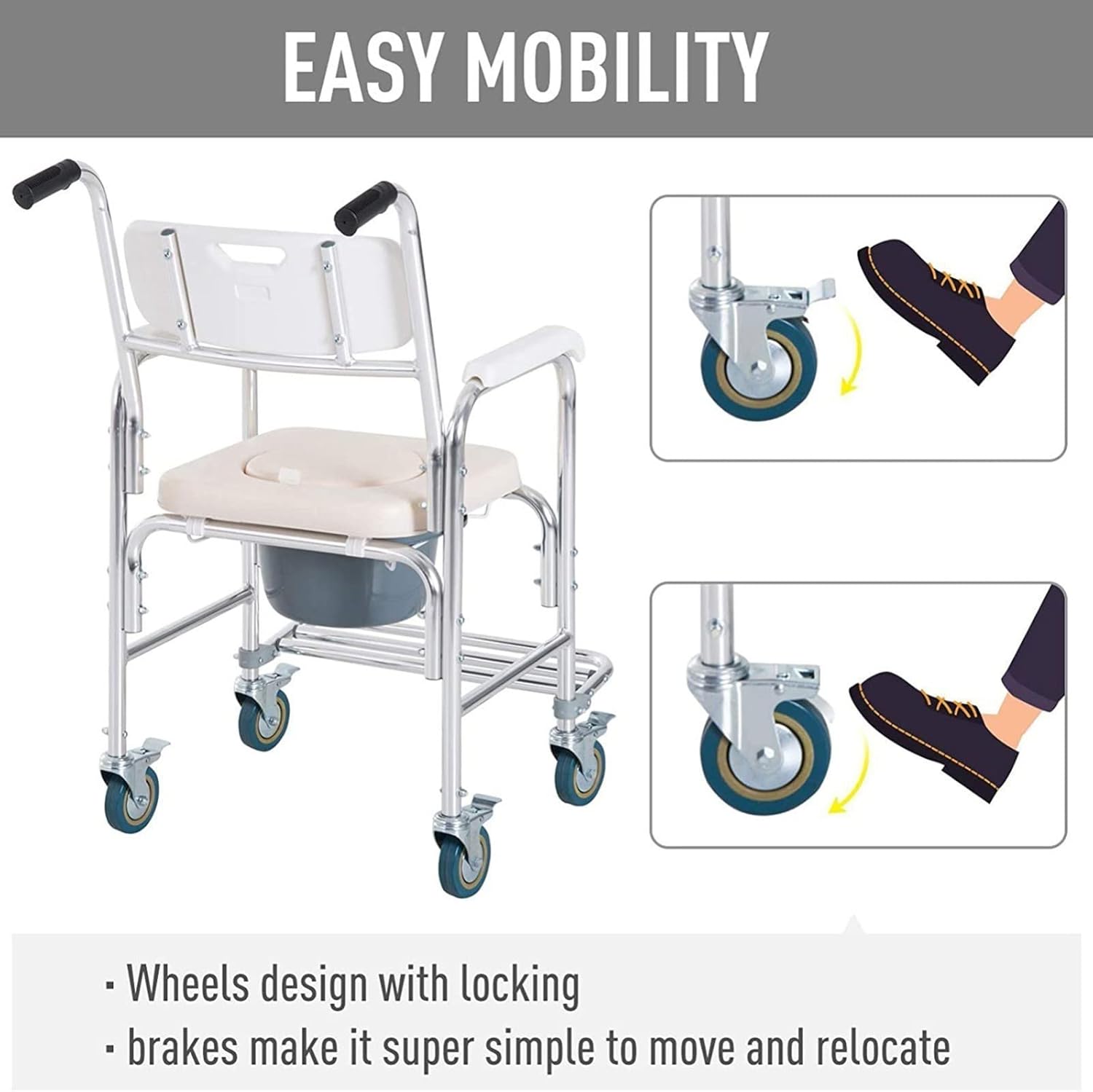 Commode Wheelchair - Shower Chair with Removable Pot Mobile Toilet Folding Pedal Mobile Bedside Commodes Comfortable Waterproof for Elderly Disabled 330 Lbs Weight Capacity