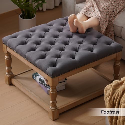 33-inch Large Square Ottoman Coffee Table with Storage Shelf and Solid wood Legs - Button Tufted Upholstered Linen Ottoman stool for Living room，Office, Bedroom, Farmhouse (Beige)