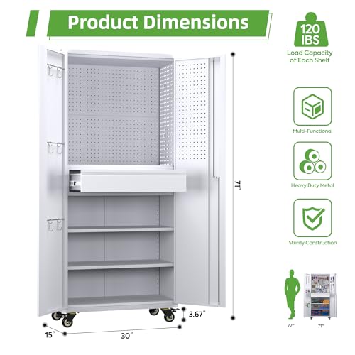 73" H Metal Storage Cabinet with Wheels, Garage Storage Cabinet with 4 Adjustable Shelves and Lockable Doors for Garage Home Office Utility Room,Required Assembly,Black