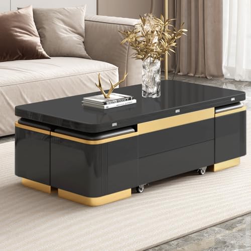 Multifunction Lift Top Coffee Table, Rectangle Folding Table with Storage and 4 Stools for Living Room, 3 in 1 Coffee to Dining Table Convertible, Modern Table That Lifts Up and Down, Black