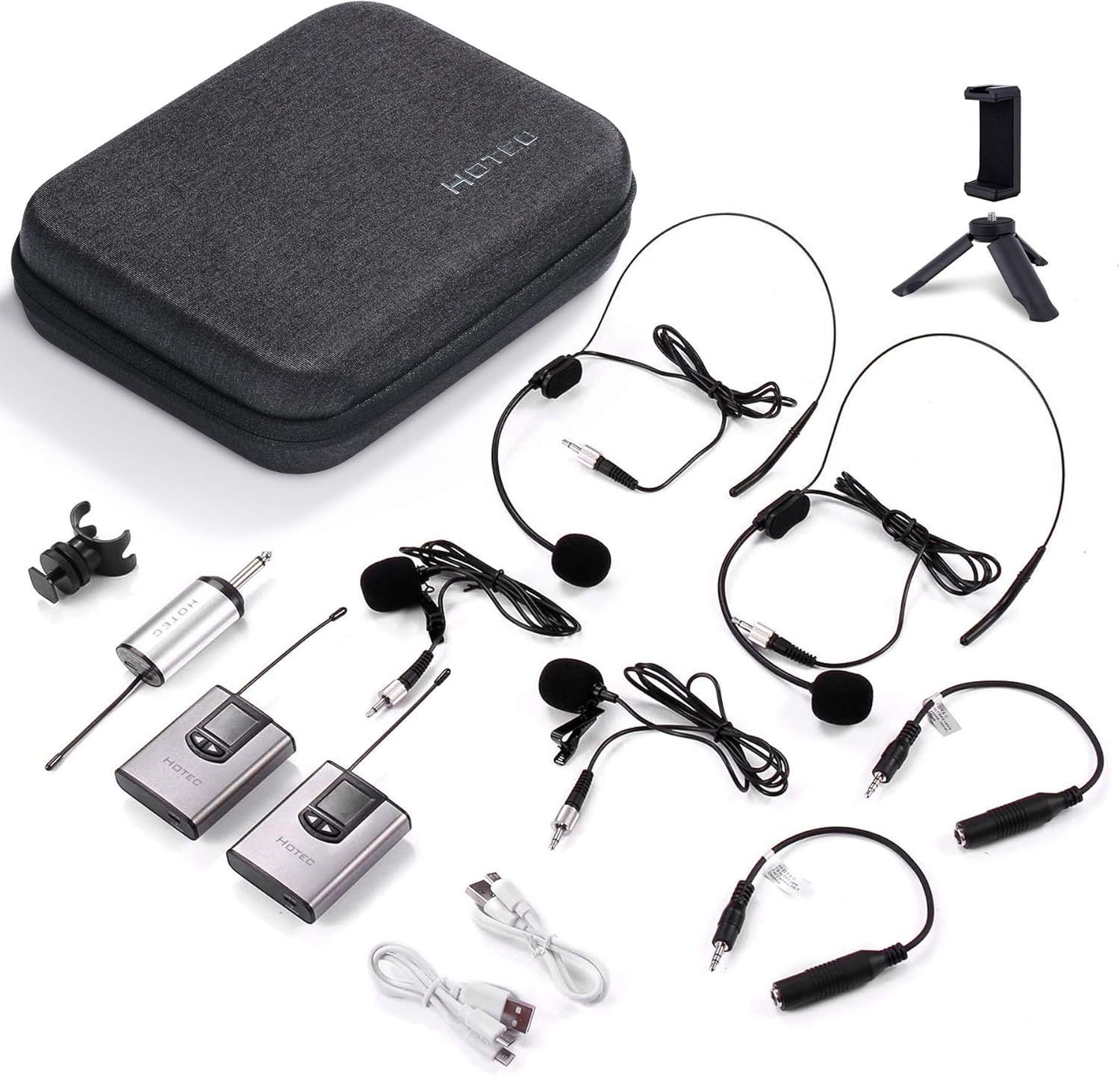 HOTEC Wireless Dual Headset Microphones/Lavalier Lapel Mics Include Storage Case, Bodypack Transmitters and One Mini Rechargeable Receiver 1/4 Output, for Live Performances