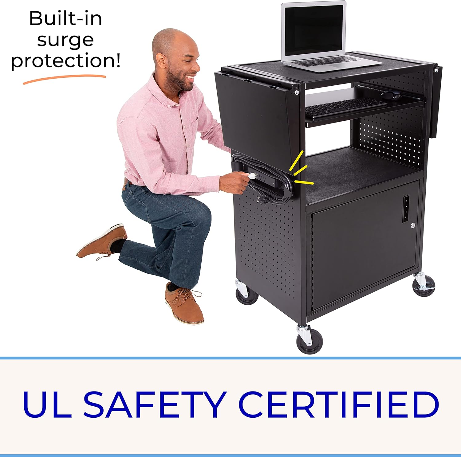 Line Leader Stellar AV Cart | Computer Cart with Pegboard Siding & 12 Hooks for Customizable Storage | Locking Cabinet & Pullout Keyboard Tray | UL Safety Certified Power Outlets | Locking Wheels