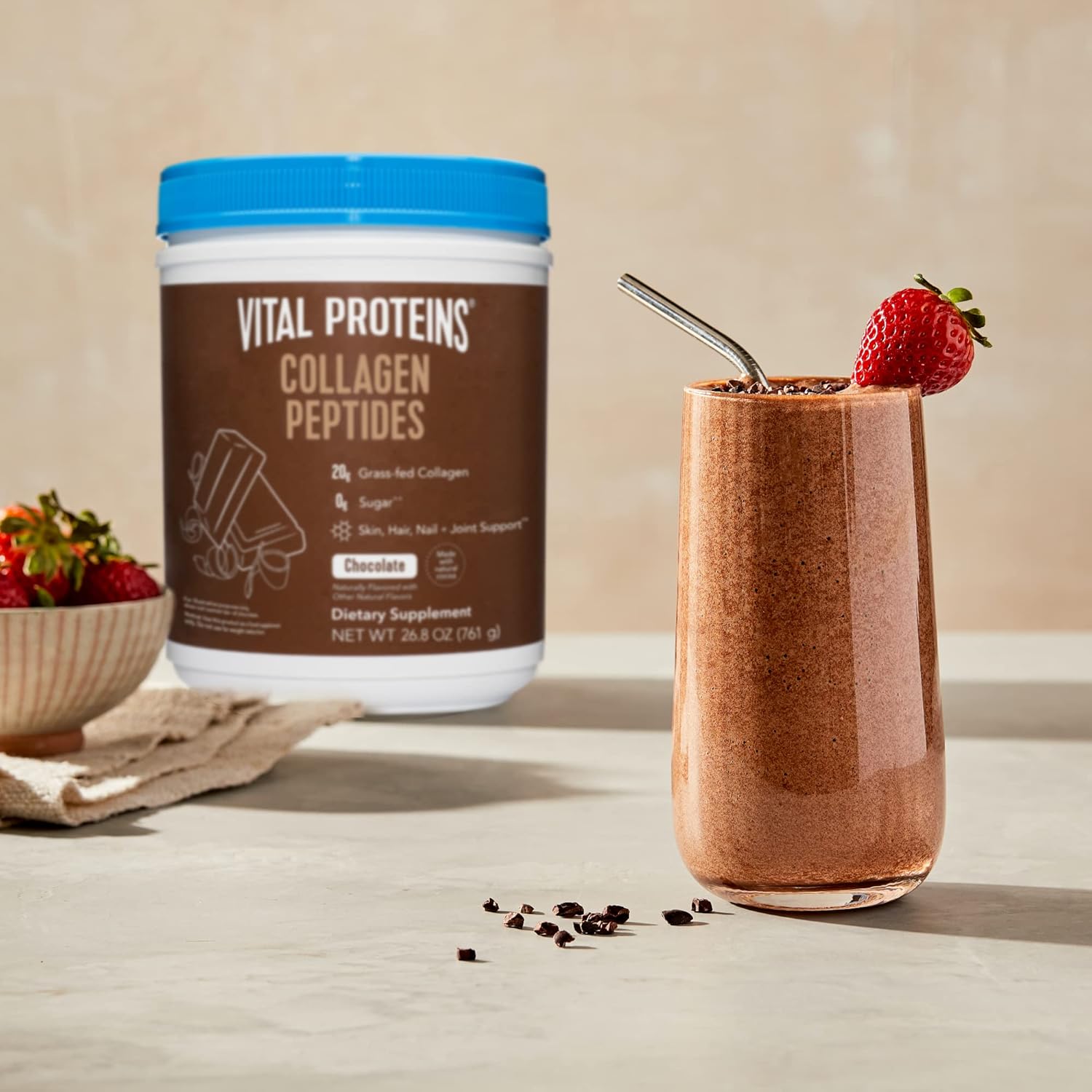 Vital Proteins Chocolate Collagen Powder Supplement (Type I, III) for Skin Hair Nail Joint - Hydrolyzed Collagen - 27g per Serving - Chocolate Flavor, 26.8 oz Canister Pack of 2