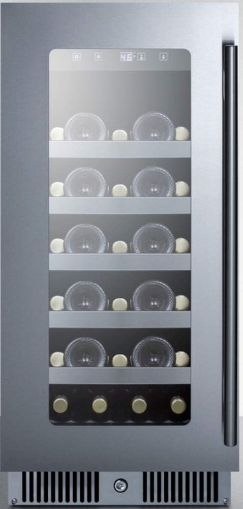 Summit Appliance CL155WCLHD 15" Wide Built-in Wine Cellar for Built-in or Freestanding Use with Left-Hand Door Swing, Seamless Stainless Steel Trimmed Glass Door, LED Lighting, Lock and Black Cabinet