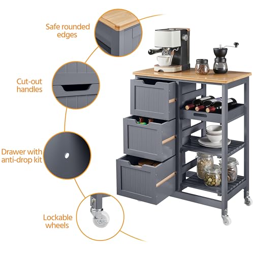 Yaheetech Kitchen Island Cart on Wheels with Bamboo Countertop, Rolling Serving Utility Trolley Cart with 3 Drawers, 3 Removable Shelves & Lockable Casters, Storage Cabinet for Dining Room, Bar, White