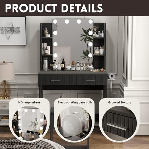 Vanity Desk with LED Lighted Mirror, Makeup Vanity with 3 Adjustable Lights, 2 Large Drawers and 4 Open Shelves, White Vanity with Storage Stool for Bedroom