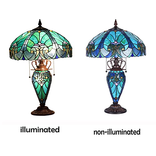 Tiffany Table Lamp with Night Light 16 inch Large Stained Glass Table Light Victorian Style Sea Green Antique 3 Light Desk Lamp for Living Room Bedroom Office