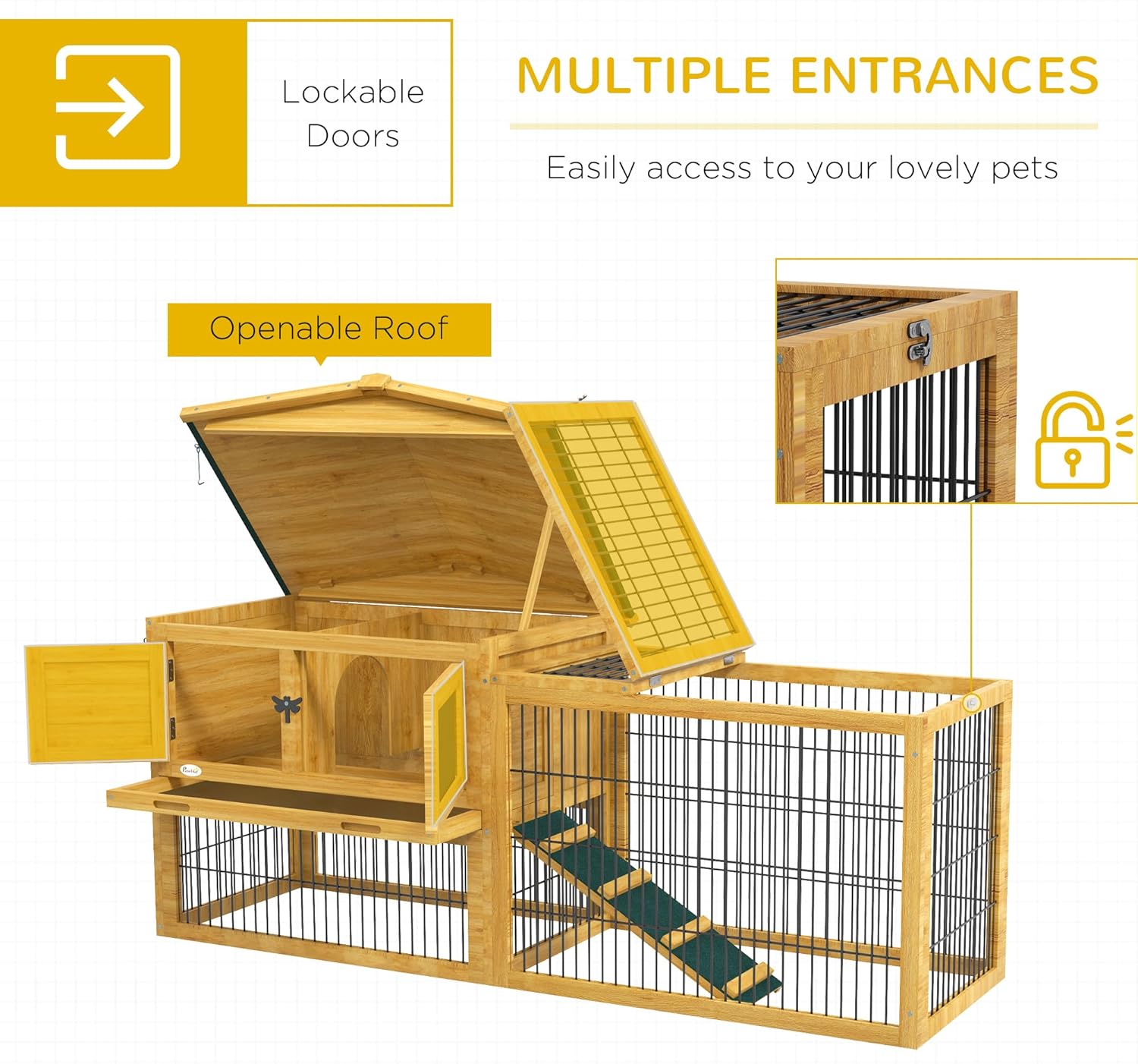 2 Levels Outdoor Rabbit Hutch with Openable Top, 59" Wooden Large Rabbit Cage with Run Weatherproof Roof, Removable Tray, Ramp, Yellow