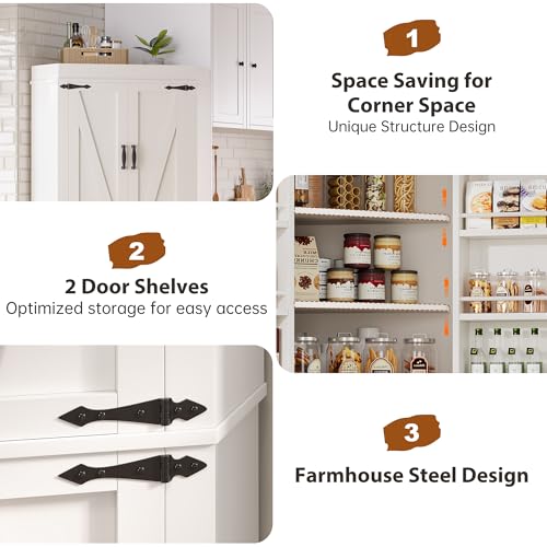 Corner Cabinet, Kitchen Pantry Cabinet, Storage Cabinet with 4 Doors and Shelves, Kitchen Cabinet, Pantry Cabinet, Tall Food Pantry Storage Cabinet Farmhouse Furniture for Kitchen Dining Room, White