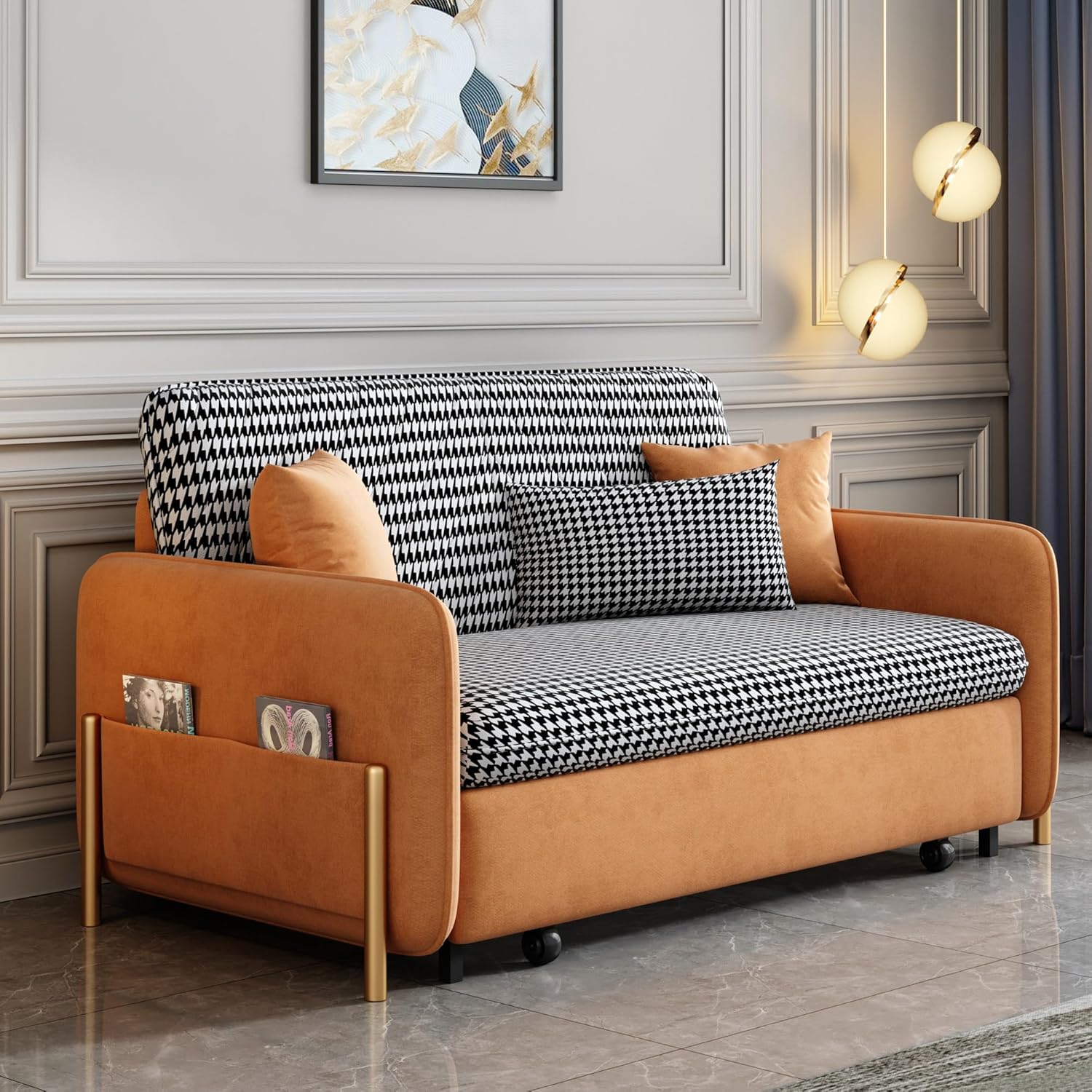 53.5" Full Sleeper Sofa Orange Upholstered Convertible Sofa Bed 3 in 1 Sleeper Sofa Couch Bed, Small Tufted Velvet Convertible Loveseat Futon Sofa w/Pullout Bed, Multi-Pockets for Living Room