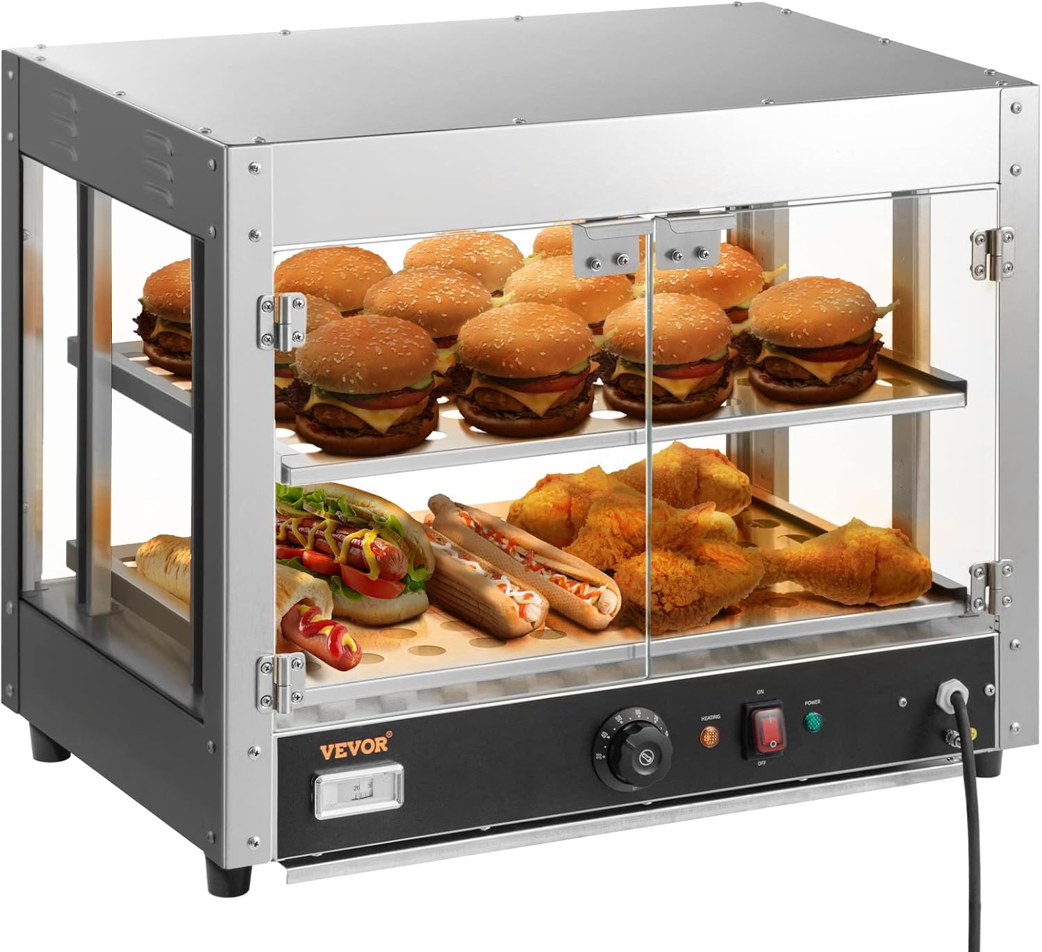 VEVOR 110V 24-Inch Commercial Food Warmer Display, 2-Tier 800W Electric Pizza Warmer Display 86-185℉, Tempered-Glass Door Pastry Display Case, Restaurant Heated Cabinet…