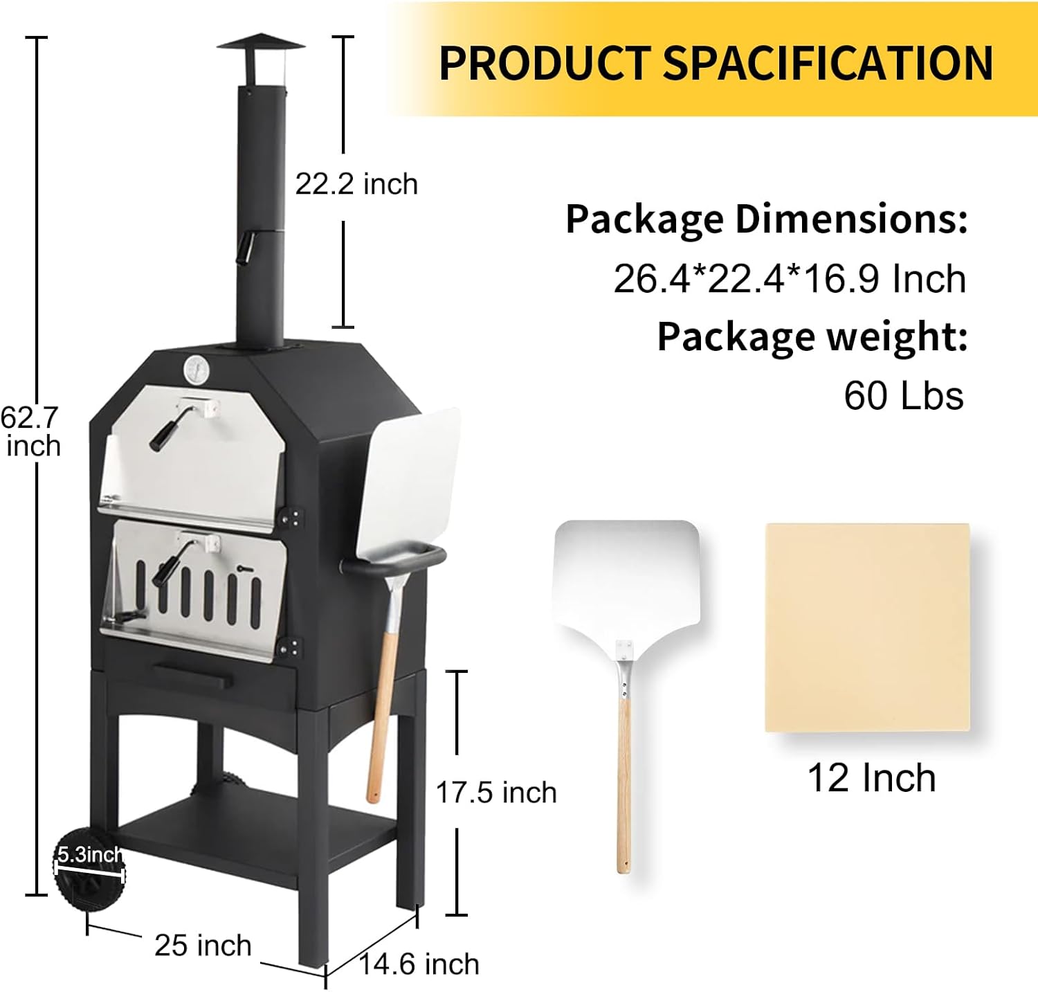 Outdoor Pizza Oven, Wood-Fired Pizza Oven Portable Pizza Maker with Pizza Stone, Peel, Grill Rack, and Waterproof Cover for Backyard and Camping, Black