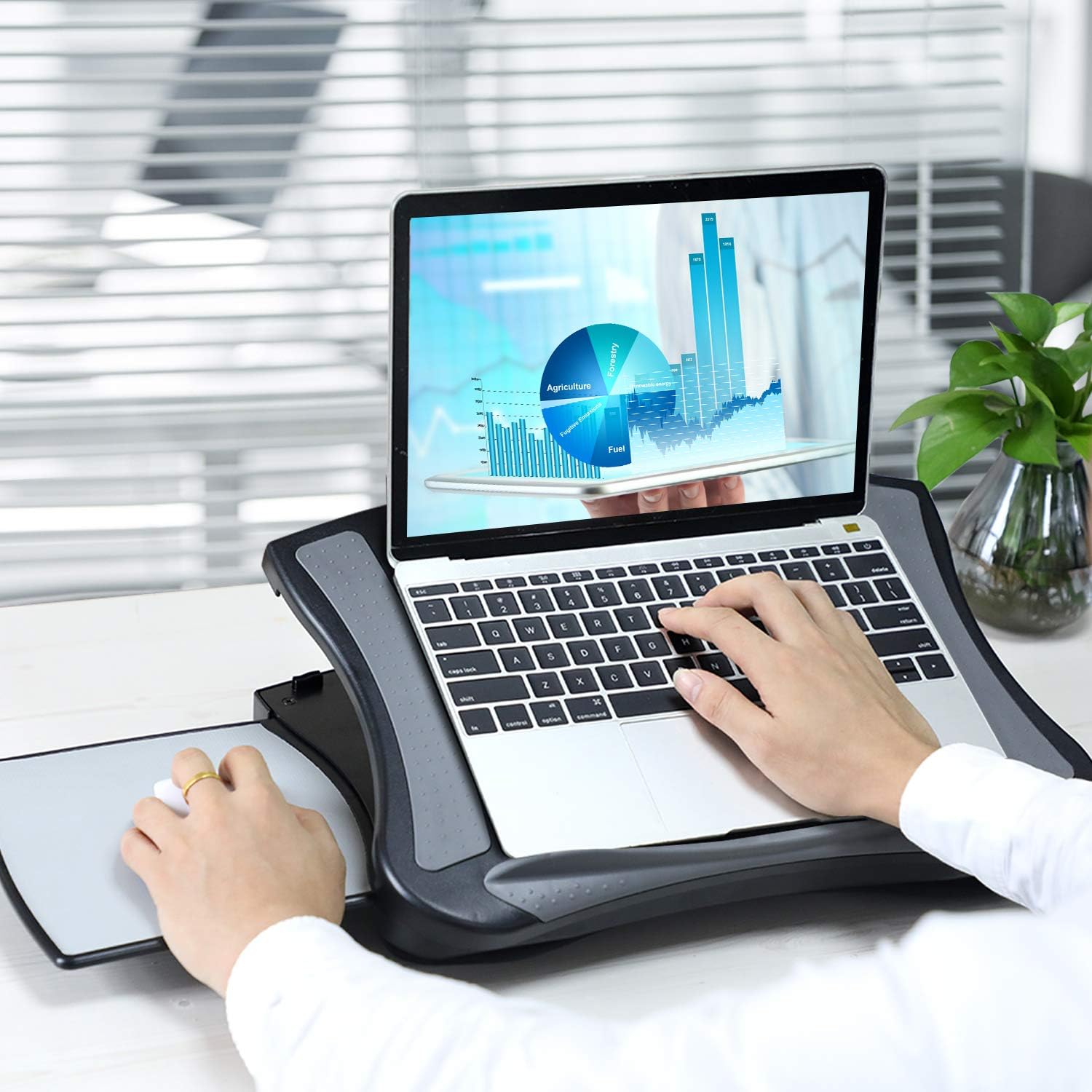 HUANUO Lap Desk with Cooling Fan, Laptop Lap Desk with 5 Adjustable Angles, Laptop Desk Fits 15.6 Inch Laptops, Lap Laptop Stand for Car with Detachable Mouse Pad & Mesh Cushion Lap Desk Writing Board