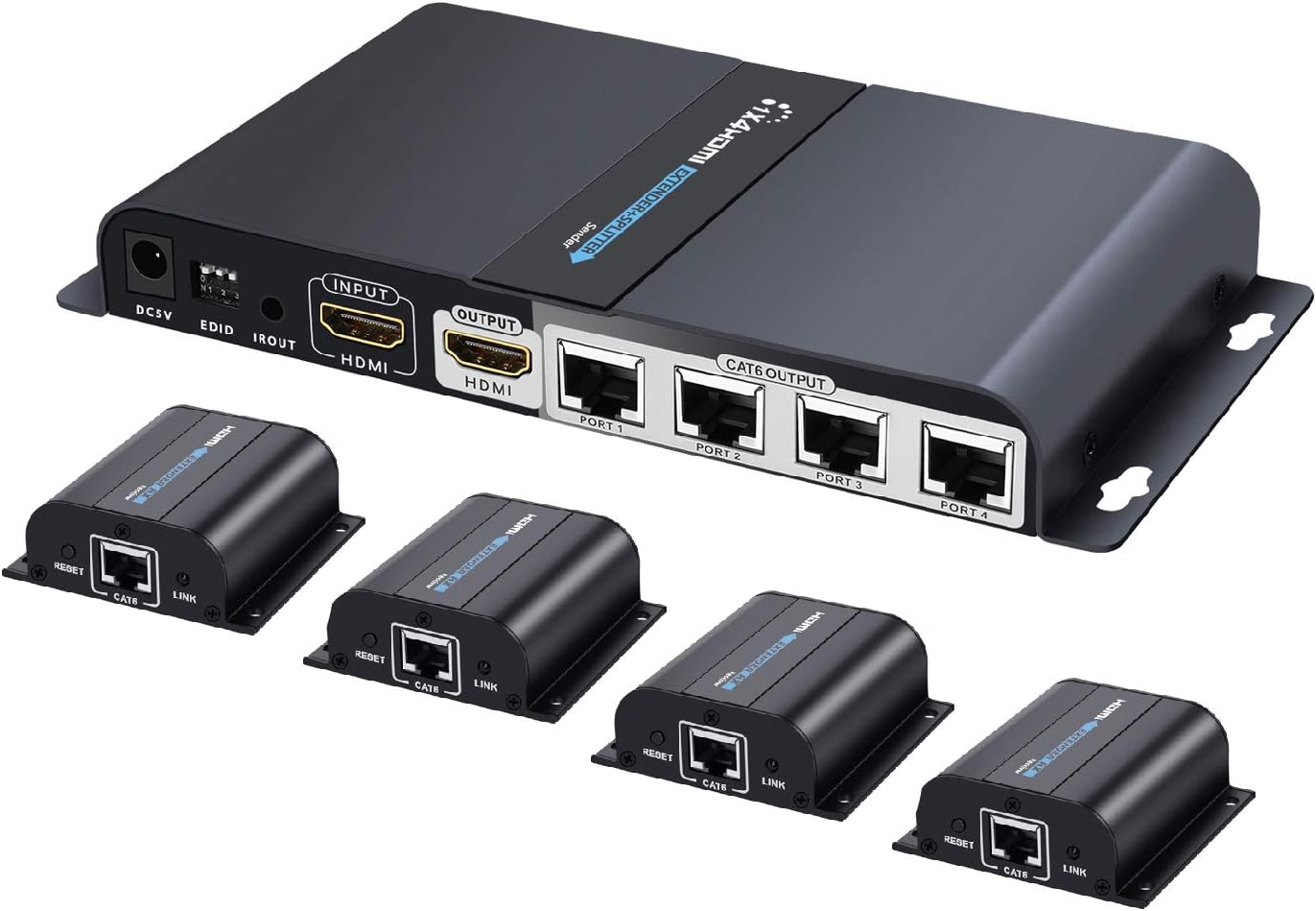 TNP HDMI Extender Splitter over Ethernet Cat6/Cat7 Cable w/ IR Remote Control Extension Support - Extend Long Distance HDMI Singal Distribution Kit Relay Hub Amplifier (8 Port - 1 Input 8 Outputs)
