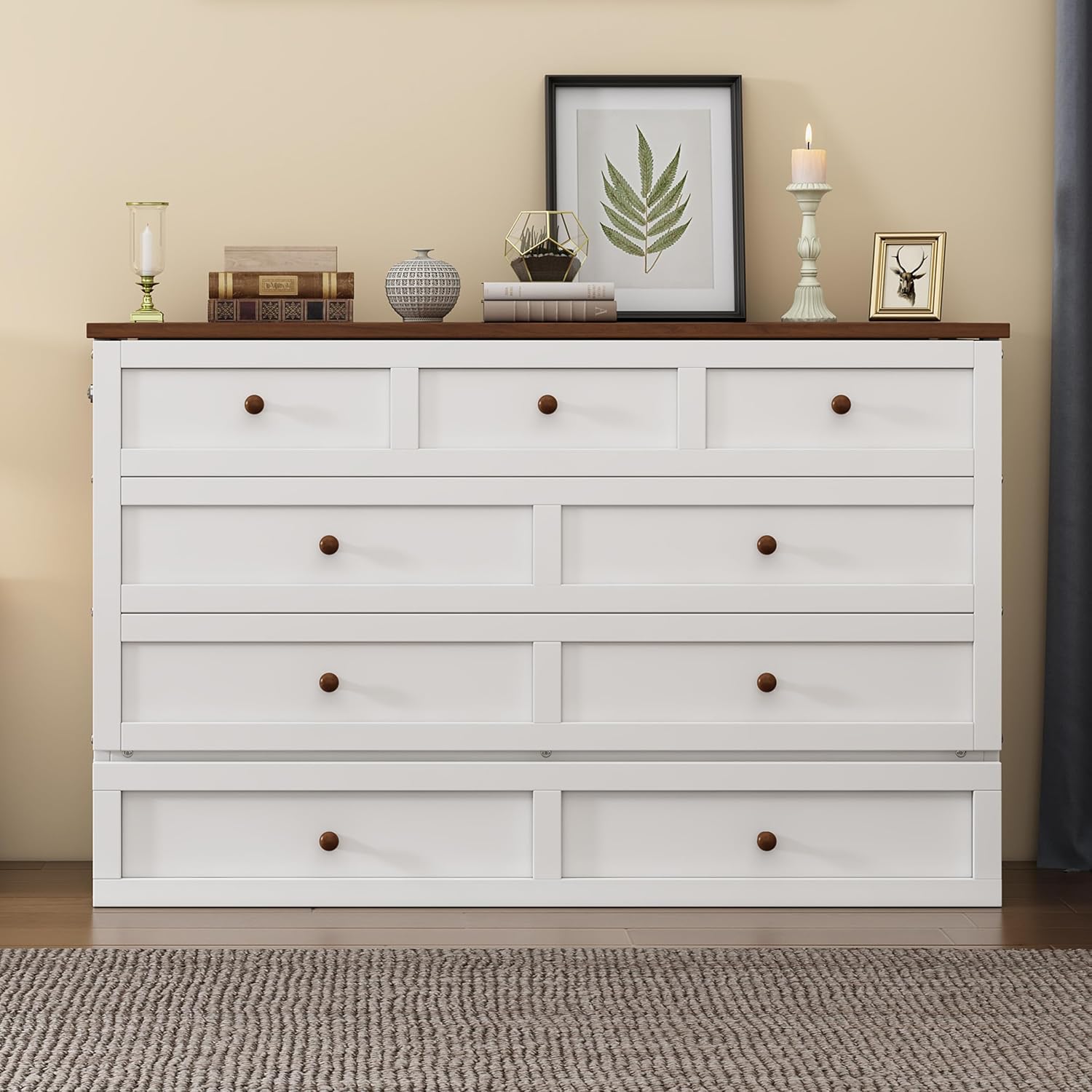 Queen Murphy Bed Queen Murphy Cabinet Bed with Storage Drawers, Murphy Bed with Charging Station, Wood Murphy Bed Cabinet Bed,Murphy Bed Chest Murphy Bed Frame Wall Bed for Guest Bedroom, White+Walnut