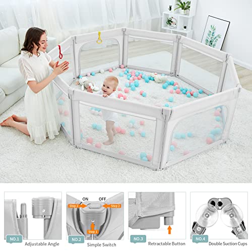 Baby Playpen Foldable 79x59 Playpen for Babies and Toddlers, Adjustable Play Pen for Toddlers 1-3 Baby Fence Baby Play Yards for Indoor & Outdoor Baby Gate Playpen with Packing Bag, Light Grey