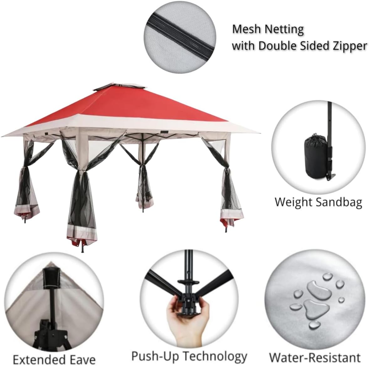 12x12 Pop Up Gazebo Outdoor Canopy Shelter with Mosquito Netting 4 Stanbags Instant Gazebo Tent for Lawn, Garden, Backyard, Deck (Red+ Light Grey)