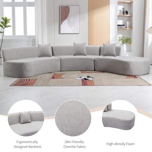 136.6" Stylish Curved Sofa Sectional Sofa Chenille Fabric Sofa Couch with Three Throw Pillows for Living Room, Grey Living Room Sectionals, Home & Kitchen Furniture