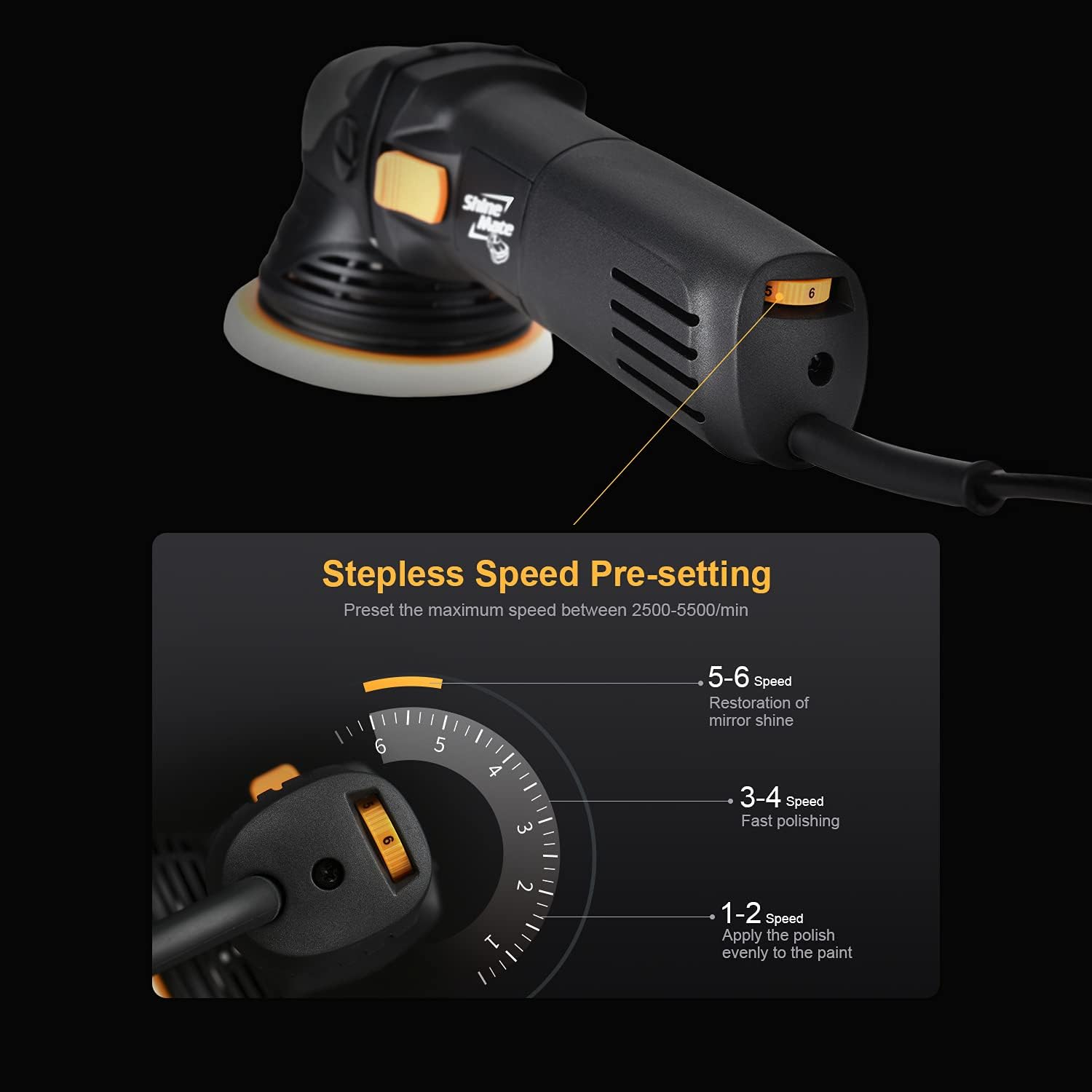 ShineMate Dual Action Polisher for Car Detailing, 5" 12mm Throw Random Orbital Polisher with 2 free pads with 6 Variable Speed Setting