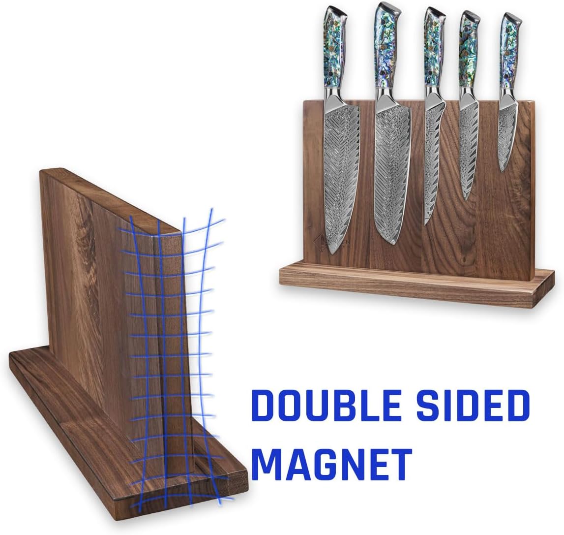SENKEN 5-Piece Damascus Steel Kitchen Knife Set with Black Walnut Magnetic Knife Block, 67-Layer Japanese VG10 Steel, Real Deep-Sea Abalone Shell Handle, Chef's Knife, Santoku, Paring, Fillet, Utility
