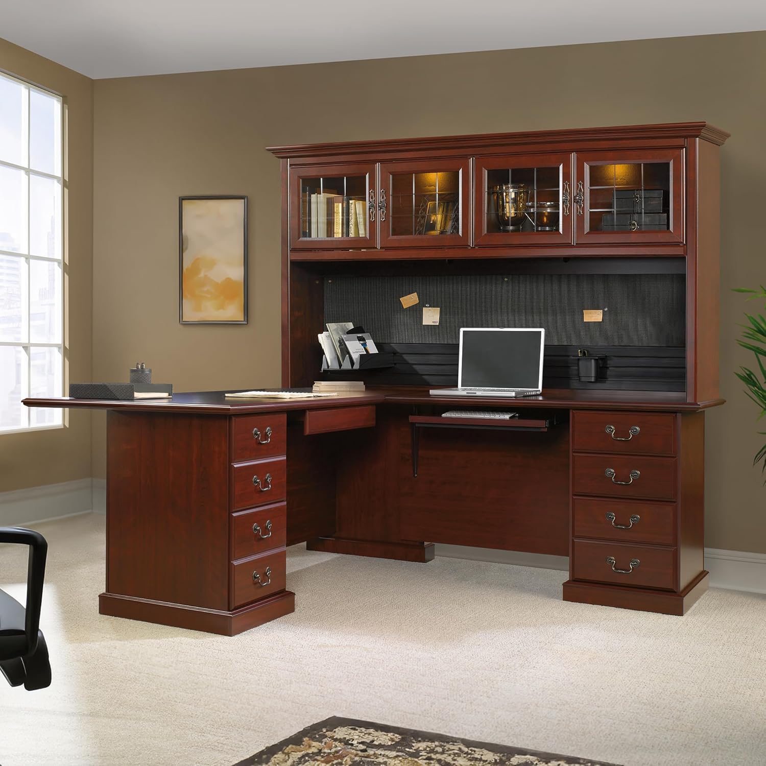 Sauder Heritage Hill L-Shaped Desk with Office Hutch, L: 70.50" x W: 23.50" x H: 71.19", Classic Cherry