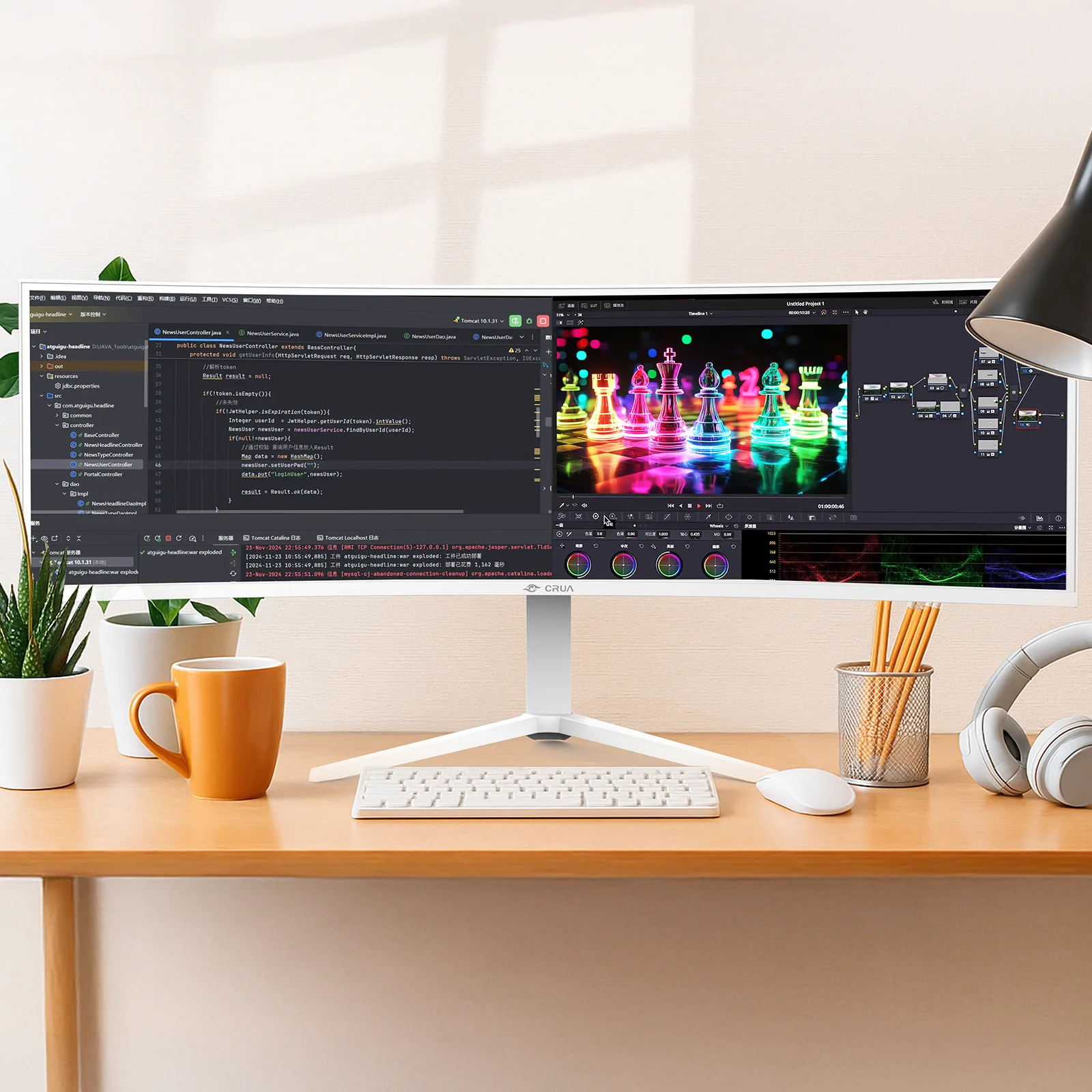 CRUA 49 Inch Ultra-Wide Curved Gaming Monitor, 120Hz, DQHD (5120x1440p), 1500R,FreeSync, 32:9, 120% sRGB, HDMI &amp; DP, Height adjustable, Built-in Speakers, Wall Mount Install, White