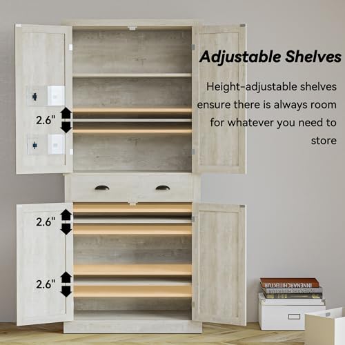 IRONCK Kitchen Pantry Storage Cabinet 72.6" H, with Barn Doors, Drawer, 4 Adjustable Shelves, Freestanding Cupboard for Dining Room Living Room, Laundry, White