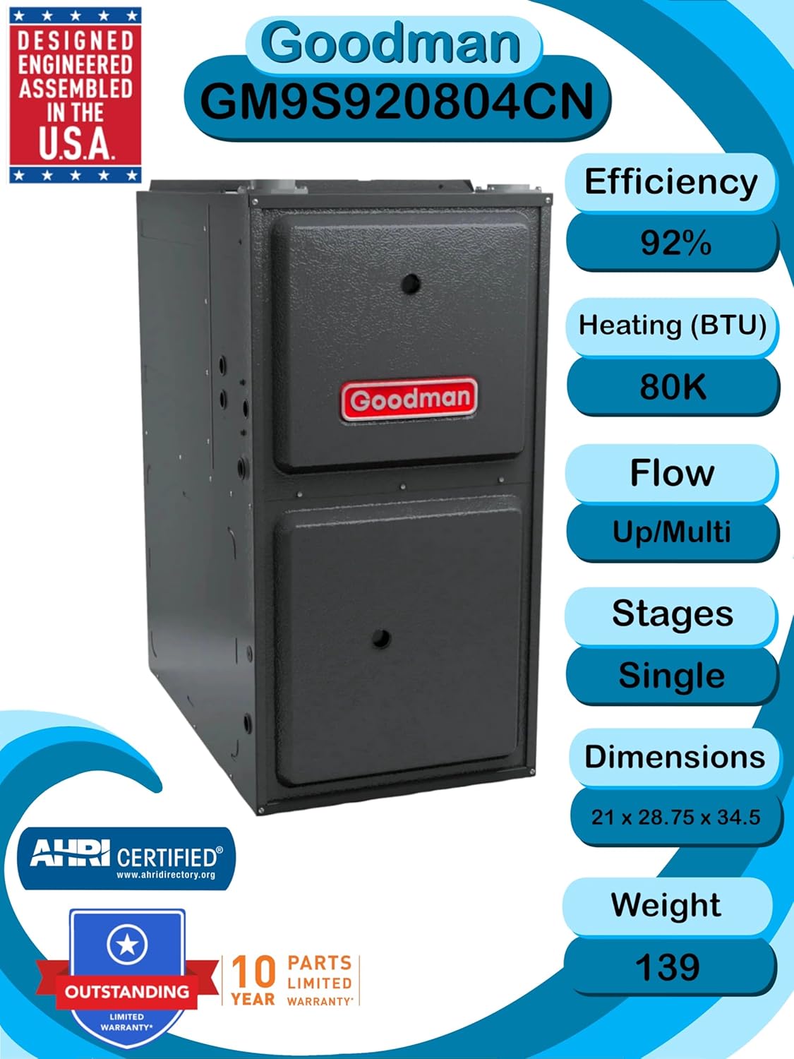 Goodman 2.5 TON 14.3 SEER2 Heat Pump Unit (GSZM403010) with 92% AFUE 80k BTU Low NOx Gas Heater (GM9S920804CN) and Upflow Evaporator (CAPTA3626C4)