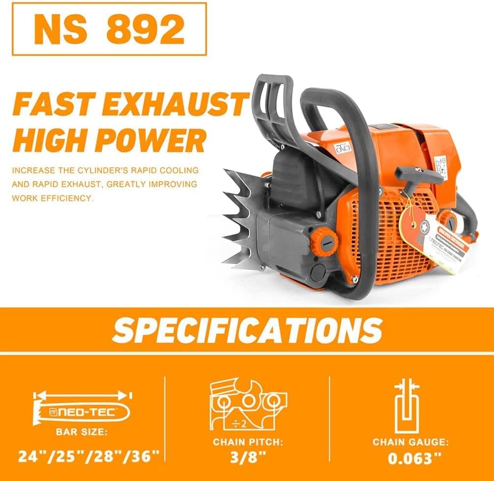 NEO-TEC NS892 92cc Gas Chainsaw Fit for 25/30/36 inch Bar,2-Cycle 5.2KW 6.4HP Gasoline Power Chain Saws,All Parts Compatible G660 MS660 without Bar