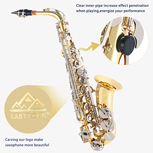 EASTROCK Black Nickel/Golden Alto Saxophone E Flat Sax Full Kit for Students Beginner with Carrying Case,Mouthpiece,Mouthpiece Cushion Pads,Cleaning Cloth&Cleaning Rod,White Gloves,Neck Strap