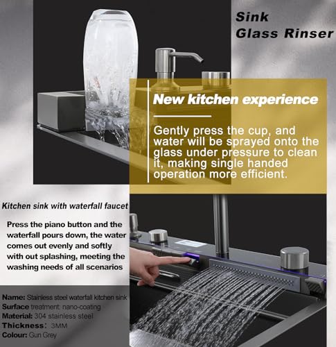 Kitchen Sink with Dual Waterfall Outlets,Digital Kitchen Sink with Cup Washer,Smart Sink with Pull-Out Faucet,304 Stainless Steel Kitchen Sink,Nano Kitchen Sink with All Accessories