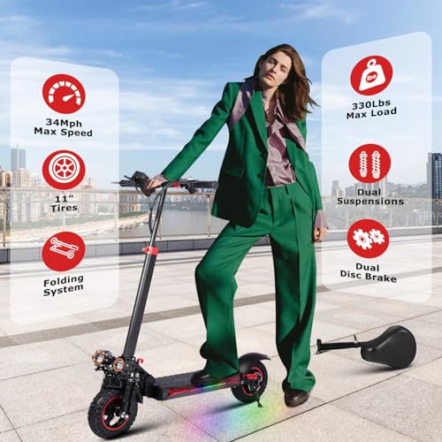1200W Electric Scooter for Adults with Seat - Adults Electric Scooters 11" Offroad Escooter 34MPH Speed, 31-35 Miles Long Range Fast ElectricScooter for Commuting,48V 18Ah Folding E Scooter