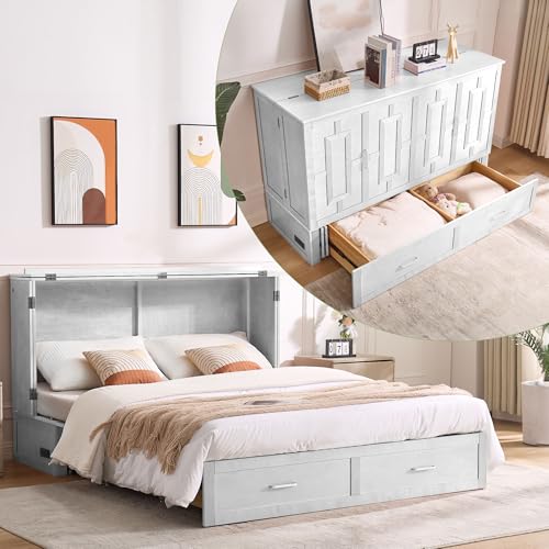 Queen Murphy Bed, Murphy Bed Cabinet with Charging Station, Storage Drawers & Foldable Mattress, Space-Saving Murphy Bed for Living Room & Bedroom (White)