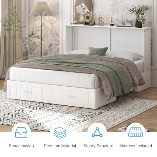 Queen Murphy Bed, Murphy Cabinet Bed with Tri-fold Mattress & USB Charging Station, Murphy Chest Bed with 2 Storage Drawer, Multi-functional Murphy Bed Cube Cabinet for Guest Room