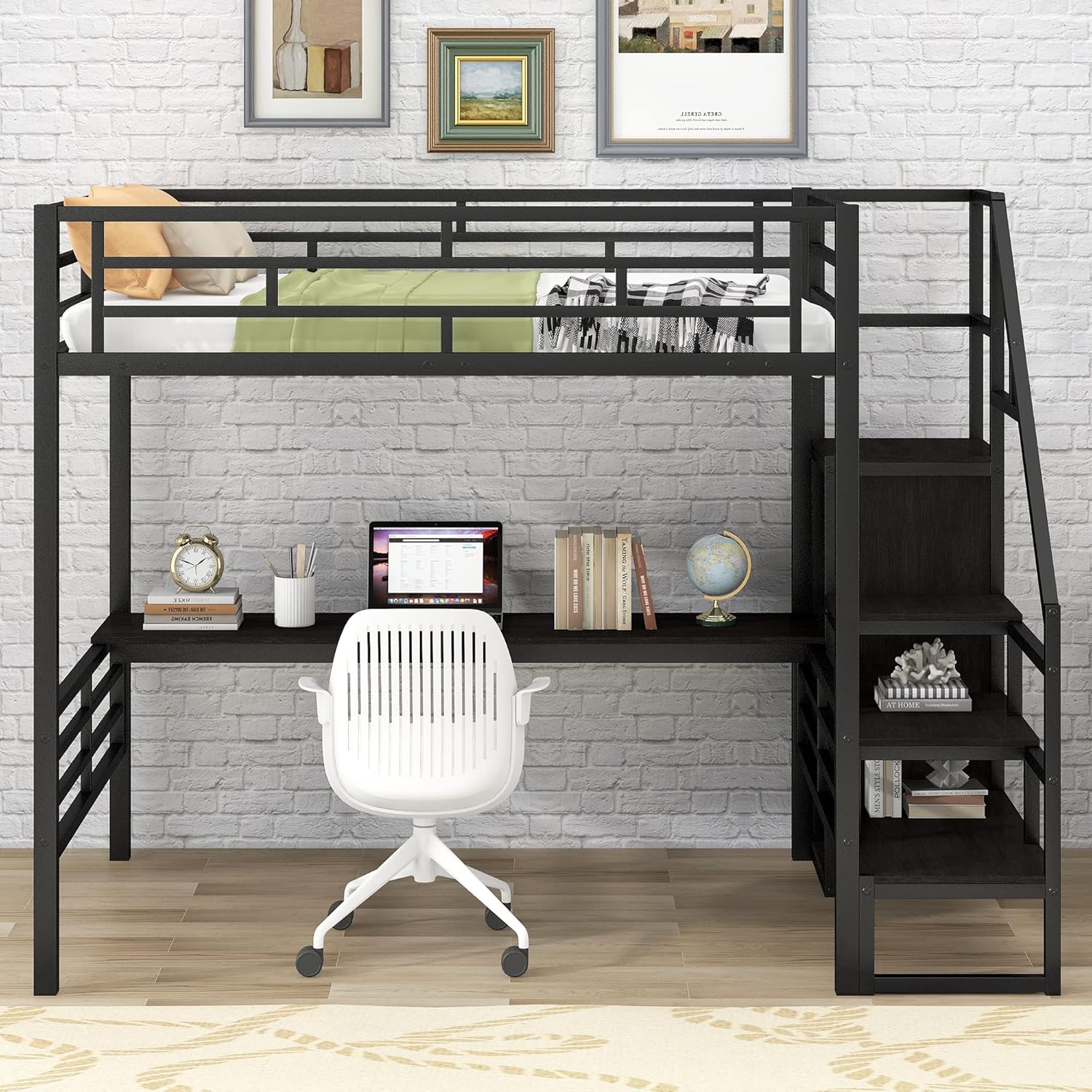 Multifunctional Design Full Size Metal Loft Bed with Desk, Convertible Storage Staircase and Small Wardrobe, Full-Length Guardrails on Upper Bed, 94.3" L x 56.5" W x 70" H Black