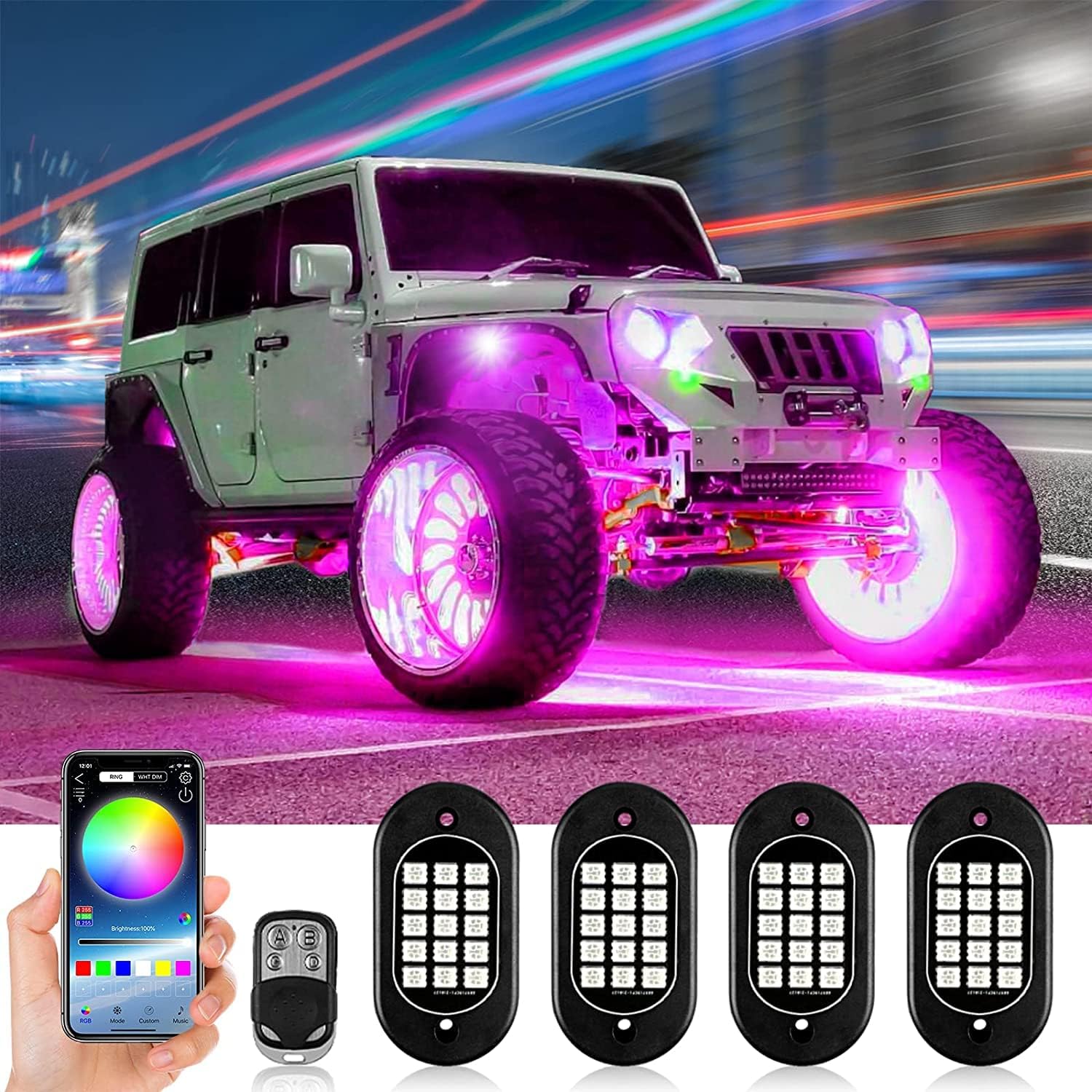ROCBOC RGB LED Rock Lights, Underglow Lights for Trucks, Waterproof Car Neon Light Kit, with RF/APP Control Music Mode Timing Function for Jeep Off Road UTV ATV SUV (8 Pods)