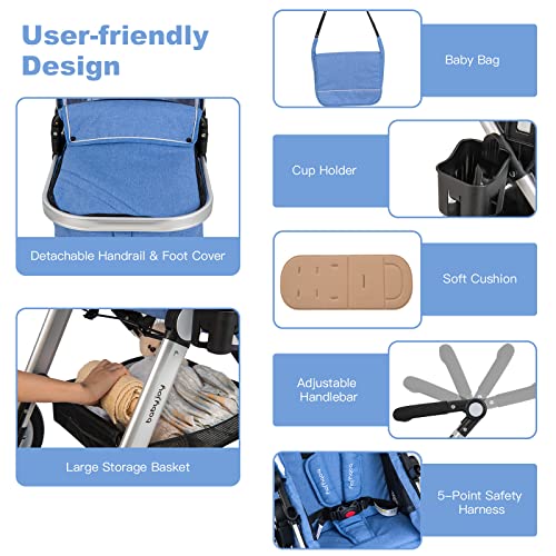 BABY JOY Baby Stroller, 2-in-1 Convertible Bassinet Reclining Stroller, Foldable Pram Carriage with 5-Point Harness, Including Cup Holder, Foot Cover, Diaper Bag, Aluminum Structure, Khaki