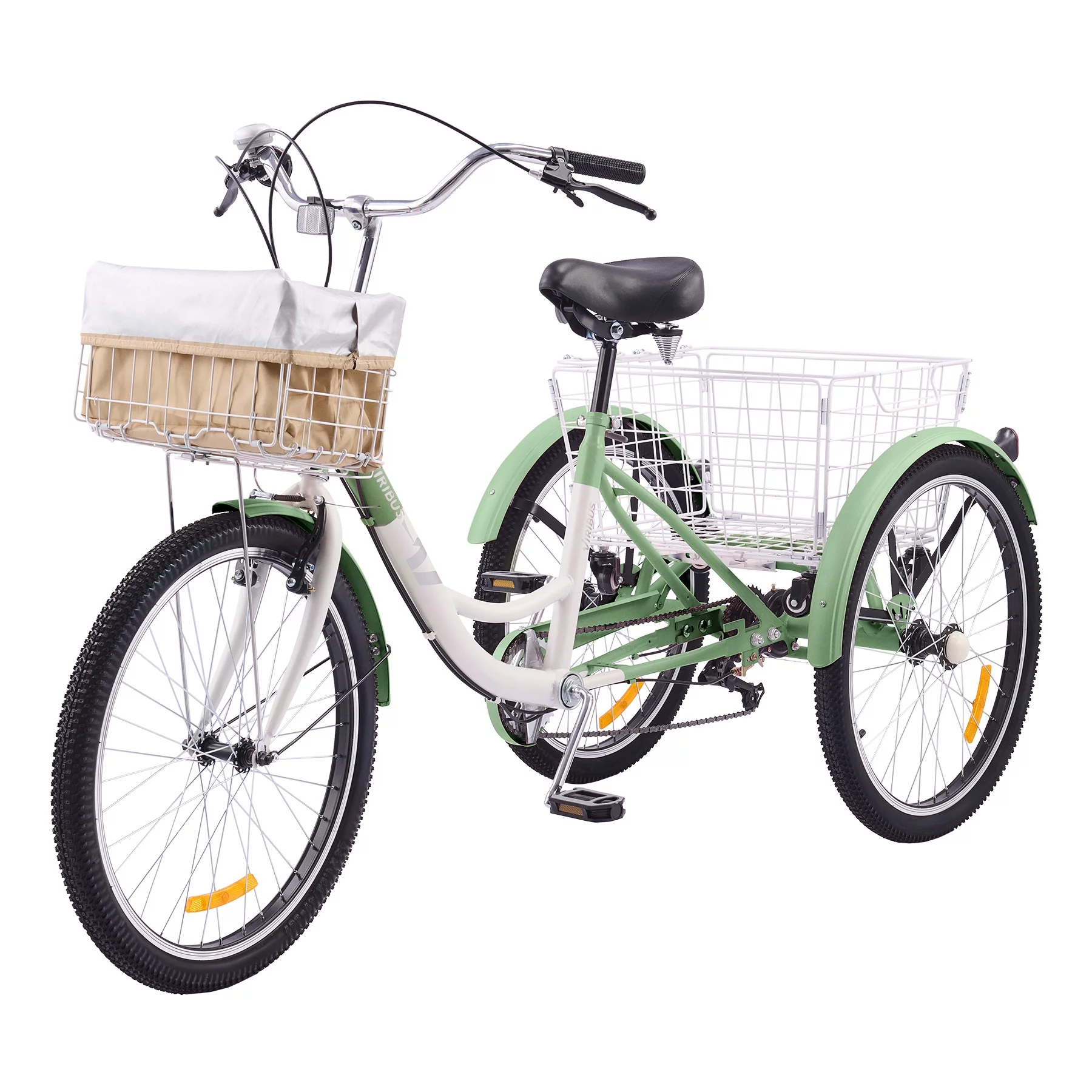 VIRIBUS Tricycle for Adults 26 Inch Bike w 7 Gears Front Rear Basket Mint White