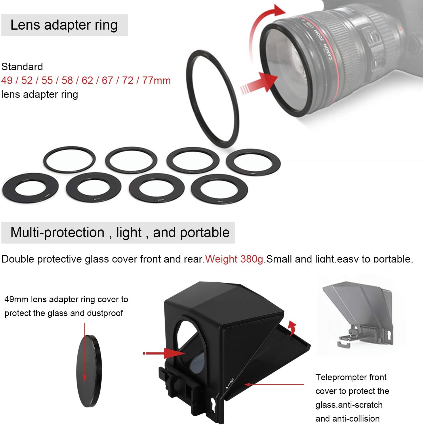 Spolehli Teleprompter TMP Adjustable Teleprompter 3.94''/7.87'' with HD Glass & Remote No Assembly Required (Kit 1:T2 teleprompter (for Phone&Camera))