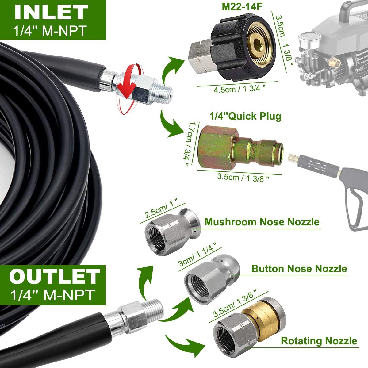 Sewer Jetter Kit 100FT for Pressure Washer, 5800PSI Drain Cleaner Hose 1/4 Inch NPT, Corner, Rotating and Button Nose Sewer Jetting Nozzle Spanner Waterproof Tape Pearl Corsage Pin Pack of 2