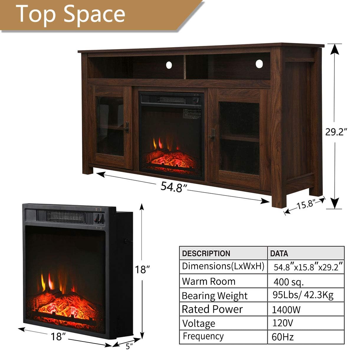 Electric Fireplace TV Stand Entertainment Center Wooden Corner Electric Fireplace Console Fireplace Heater for TVs up to 60",Rustic